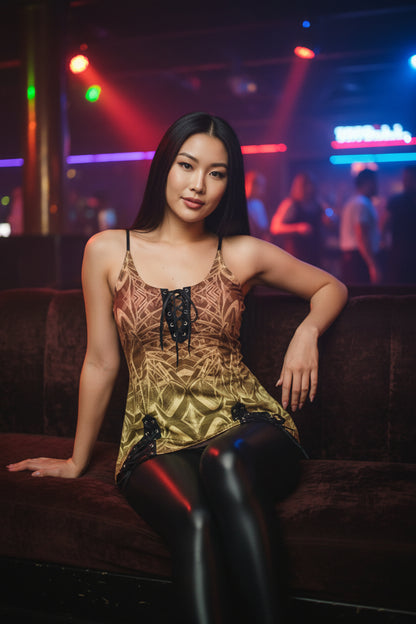 Sketch Sunset All-Over Print Women's V-neck Eyelet Lace-up Cami Dress