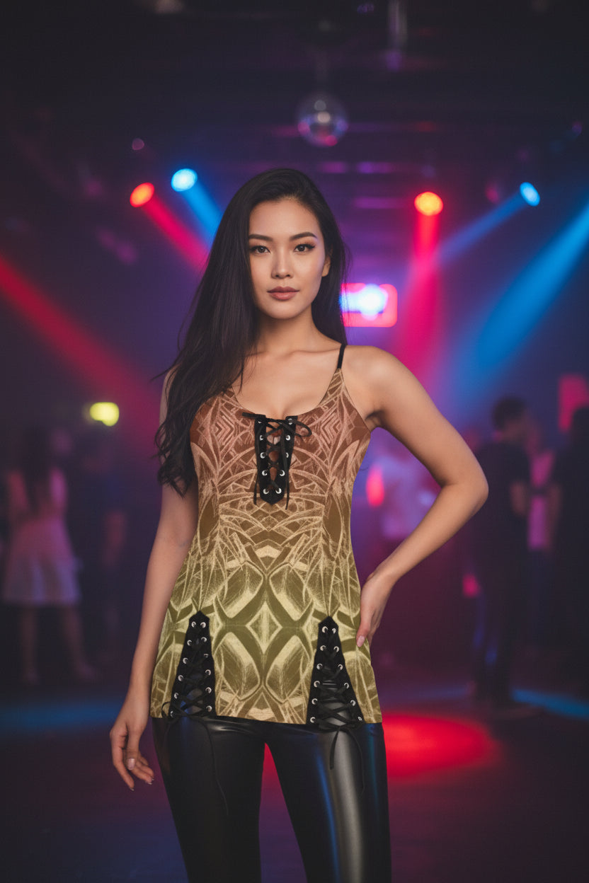 Sketch Sunset All-Over Print Women's V-neck Eyelet Lace-up Cami Dress