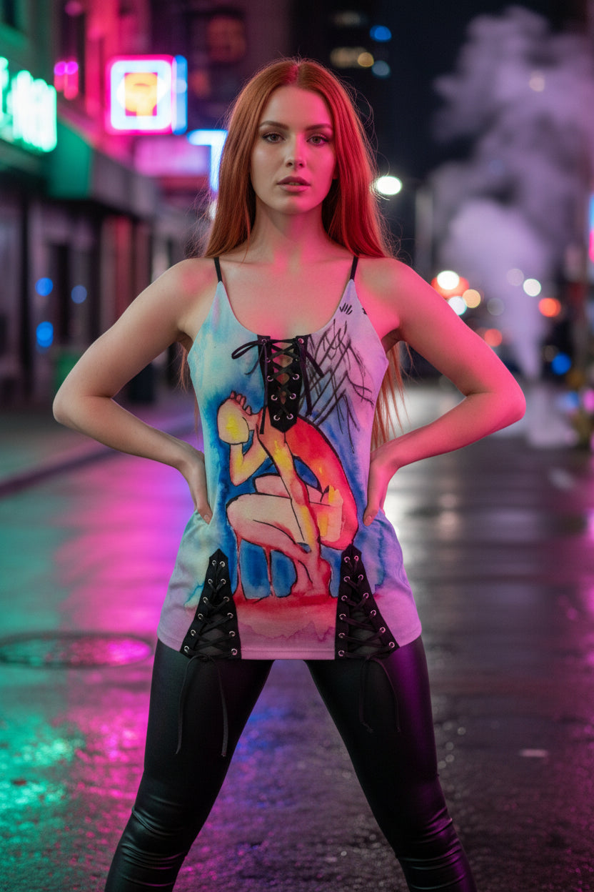 Pins and Needles All-Over Print Women's V-neck Eyelet Lace-up Cami Dress