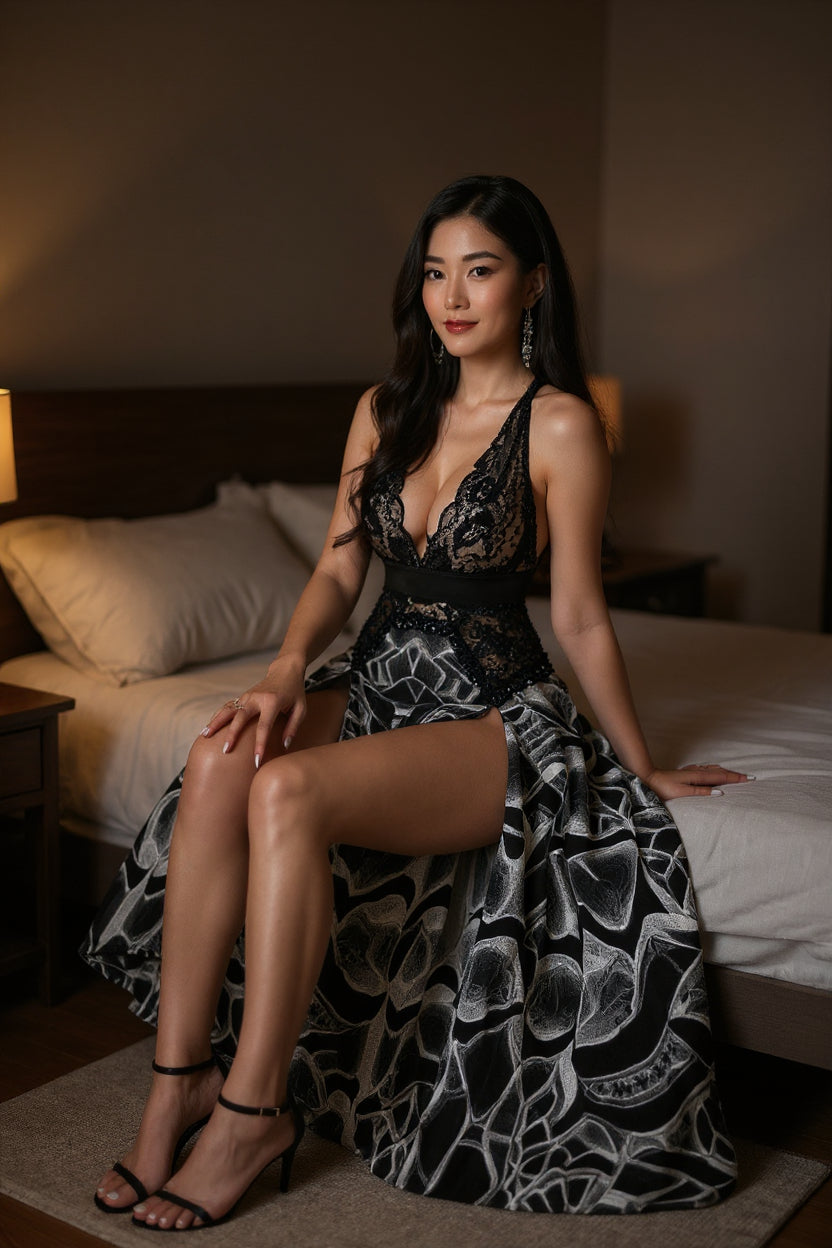 Sketch Inverted All-Over Print Women’s Elegant Mesh Lace Evening Dress