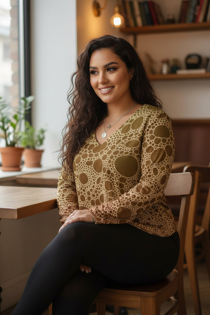 Lost in Circles Sunset All-Over Print Women's V-neck T-shirt With Curved Hem(Plus Size)