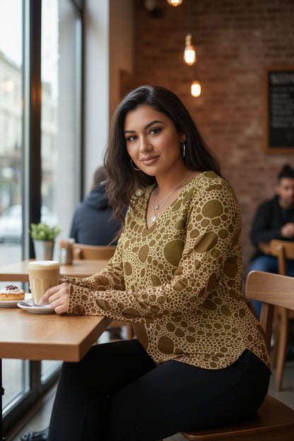 Lost in Circles Sunset All-Over Print Women's V-neck T-shirt With Curved Hem(Plus Size)