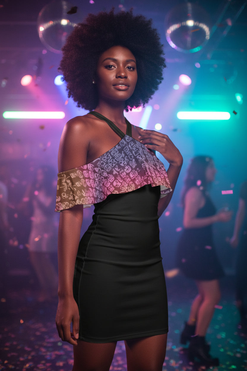 Faces Sunset All-Over Print Women's Cold Shoulder Cami Dress With Ruffle