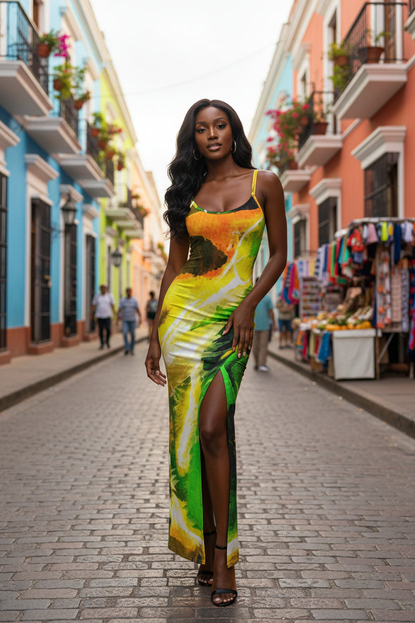 Swept Away Inverted All-Over Print Women's Long Dress with Slit