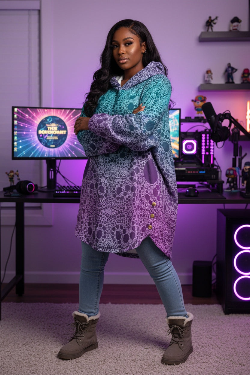 Lost In Circles All-Over Print Women's Flannel Hoodie with Cat Ears