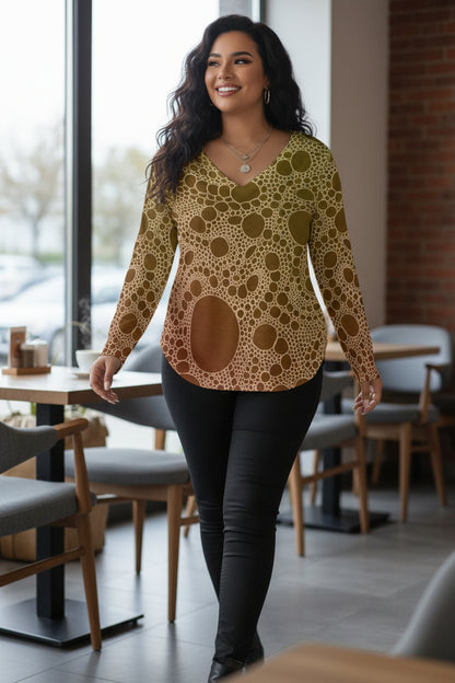 Lost in Circles Sunset All-Over Print Women's V-neck T-shirt With Curved Hem(Plus Size)