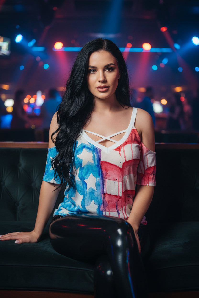 Faded glory All-Over Print Women's Cold Shoulder T-shirt With Criss Cross Strips