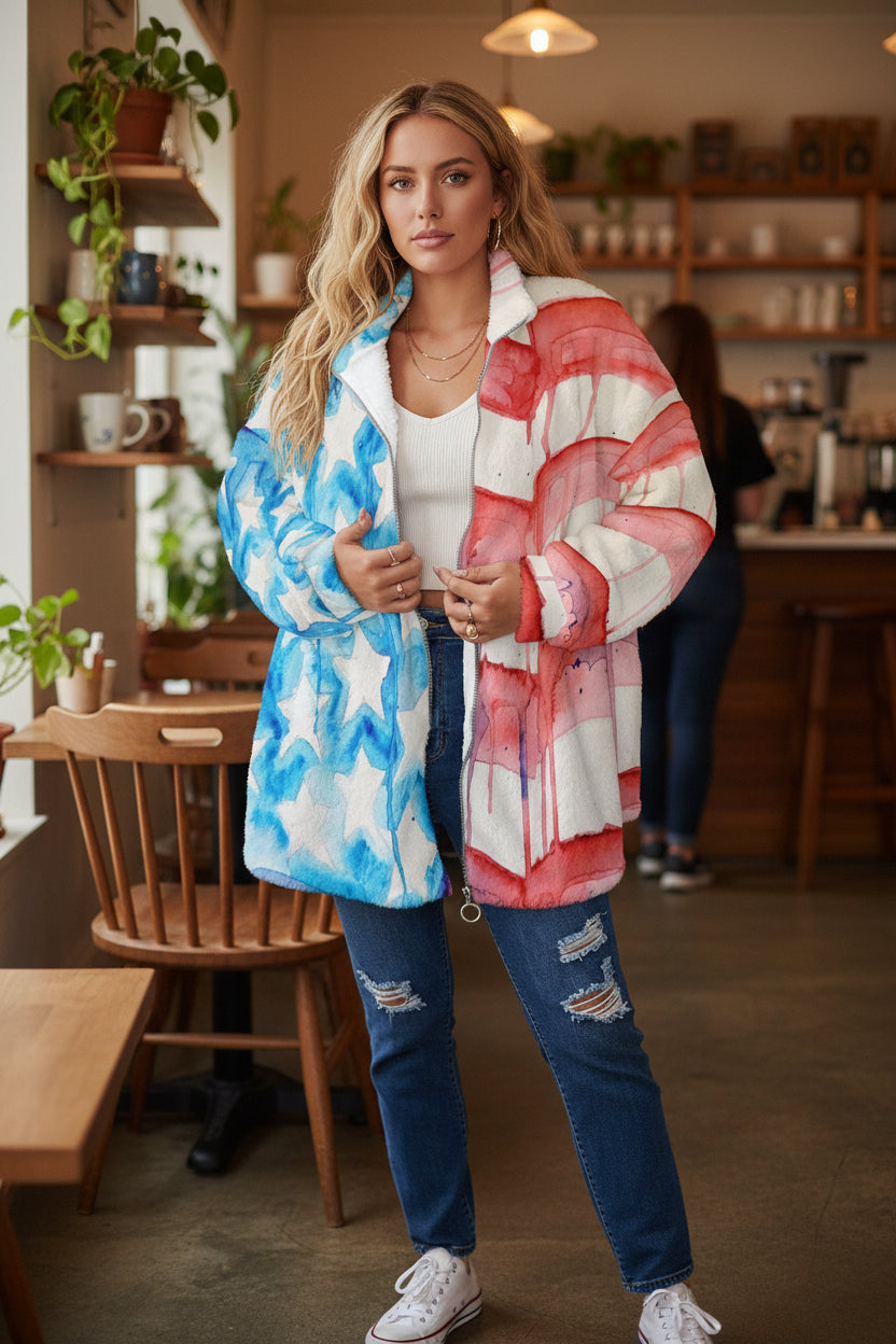 Faded Glory All-Over Print Unisex Borg Fleece Stand-up Collar Coat With Zipper Closure(Plus Size)