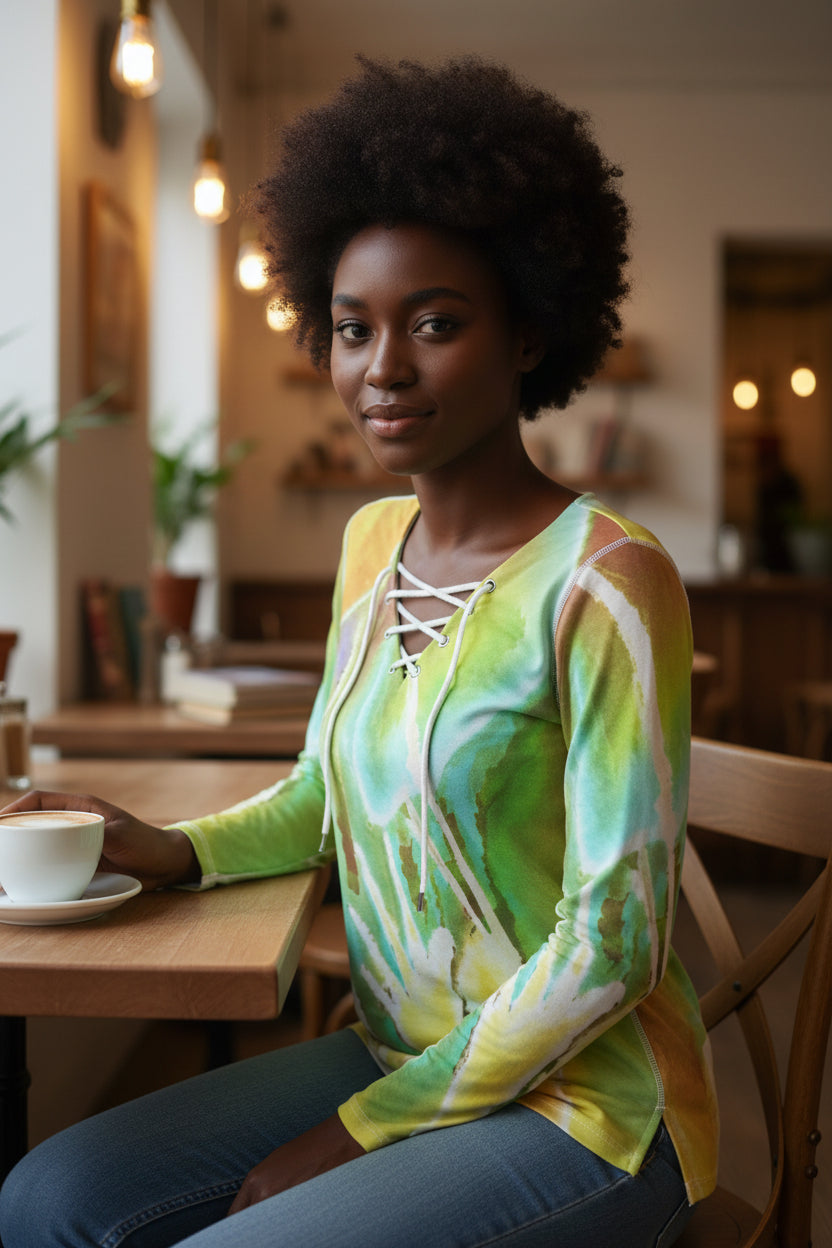 Heart Strings All-Over Print Women's Long Sleeve Neckline Tie Sweatshirt