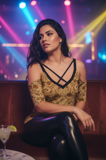 Lost in Circles Sunset All-Over Print Women's Cold Shoulder T-shirt With Criss Cross Strips