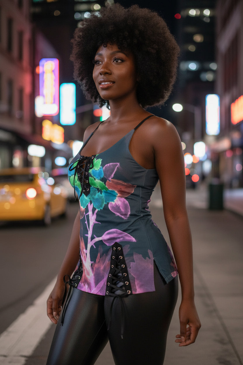 Morning Bloom All-Over Print Women's V-neck Eyelet Lace-up Cami Dress