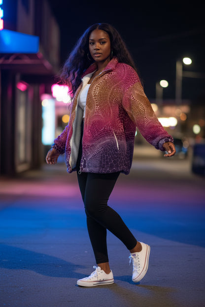 Signs of Life Sunset All-Over Print Unisex Borg Fleece Stand-up Collar Coat With Zipper Closure(Plus Size)