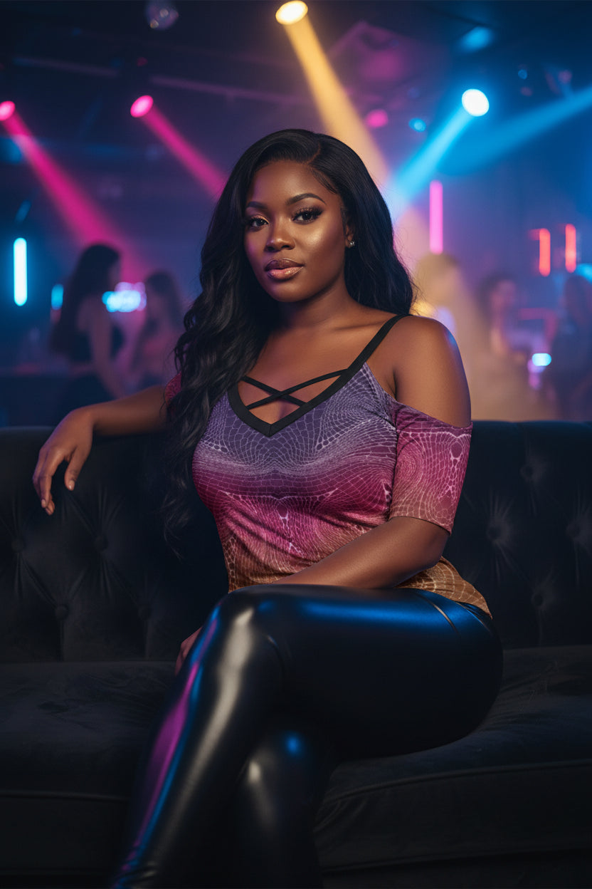 Signs of life Sunset All-Over Print Women's Cold Shoulder T-shirt With Criss Cross Strips