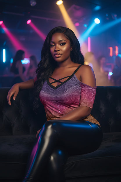 Signs of life Sunset All-Over Print Women's Cold Shoulder T-shirt With Criss Cross Strips