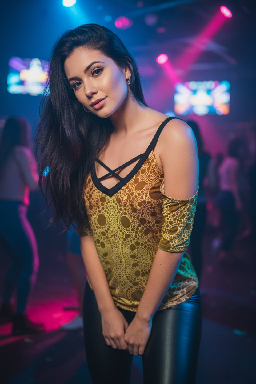 Lost in Circles Sunset All-Over Print Women's Cold Shoulder T-shirt With Criss Cross Strips