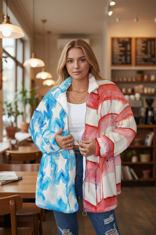 Faded Glory All-Over Print Unisex Borg Fleece Stand-up Collar Coat With Zipper Closure(Plus Size)