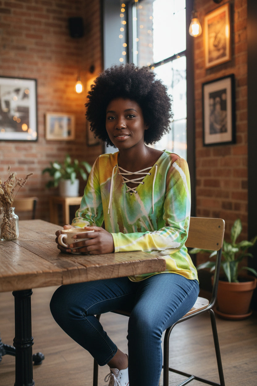 Heart Strings All-Over Print Women's Long Sleeve Neckline Tie Sweatshirt