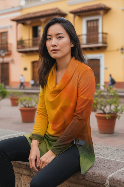 Autumn's Heart All-Over Print Women's Draped Long Sleeve Top