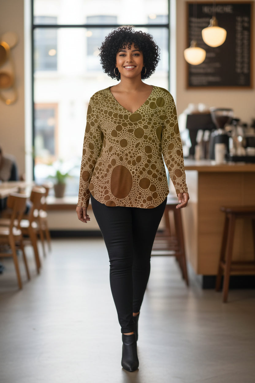 Lost in Circles Sunset All-Over Print Women's V-neck T-shirt With Curved Hem(Plus Size)