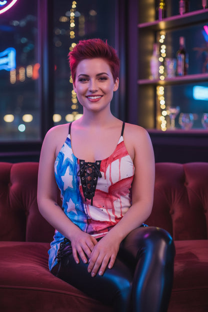 Faded Glory All-Over Print Women's V-neck Eyelet Lace-up Cami Dress