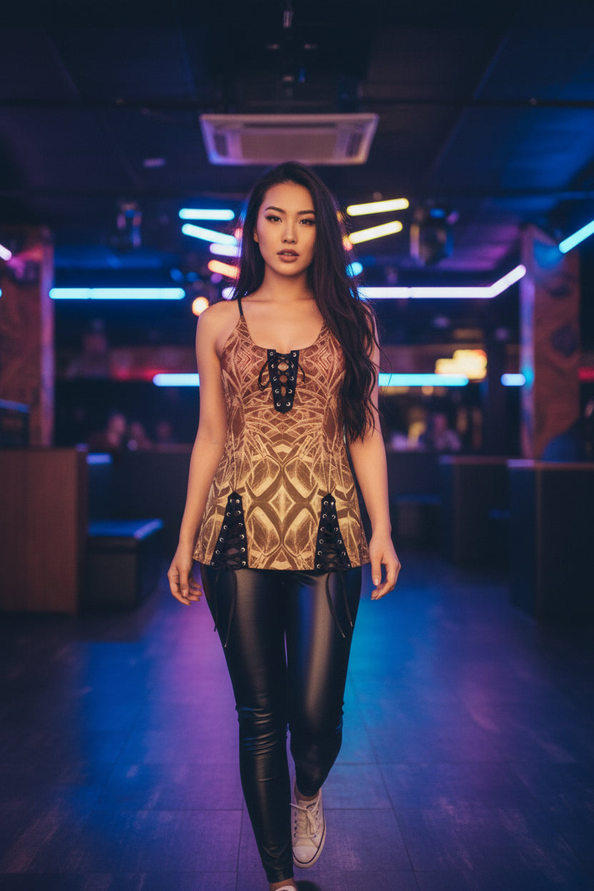 Sketch Sunset All-Over Print Women's V-neck Eyelet Lace-up Cami Dress