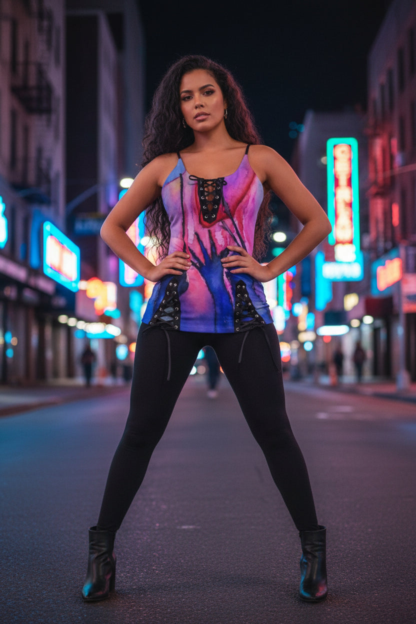 Heart Strings All-Over Print Women's V-neck Eyelet Lace-up Cami Dress