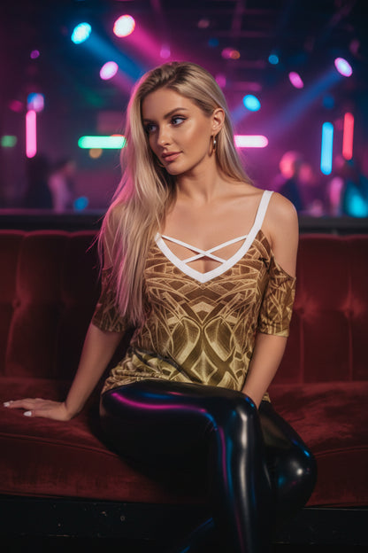 Sketch Sunset All-Over Print Women's Cold Shoulder T-shirt With Criss Cross Strips