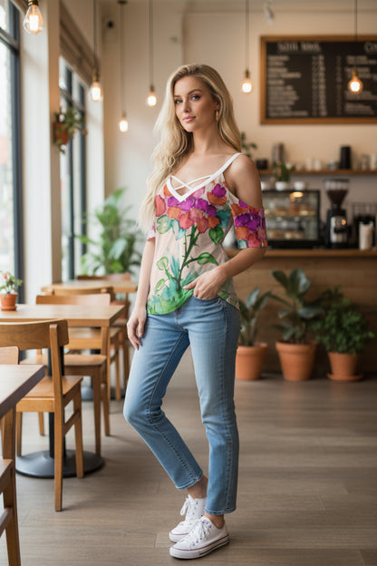 Morning Bloom All-Over Print Women's Cold Shoulder T-shirt With Criss Cross Strips