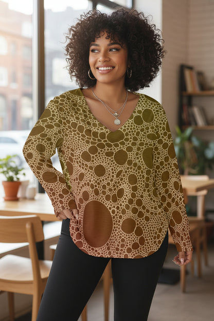 Lost in Circles Sunset All-Over Print Women's V-neck T-shirt With Curved Hem(Plus Size)