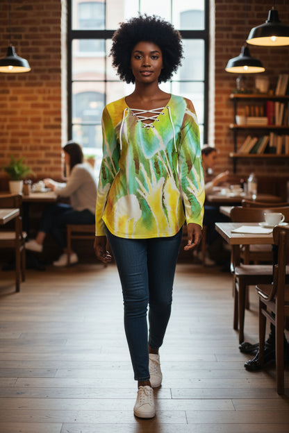 Heart Strings All-Over Print Women's Long Sleeve Neckline Tie Sweatshirt