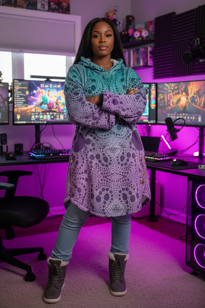 Lost In Circles All-Over Print Women's Flannel Hoodie with Cat Ears