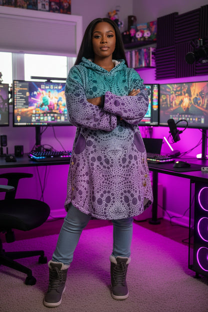 Lost In Circles All-Over Print Women's Flannel Hoodie with Cat Ears