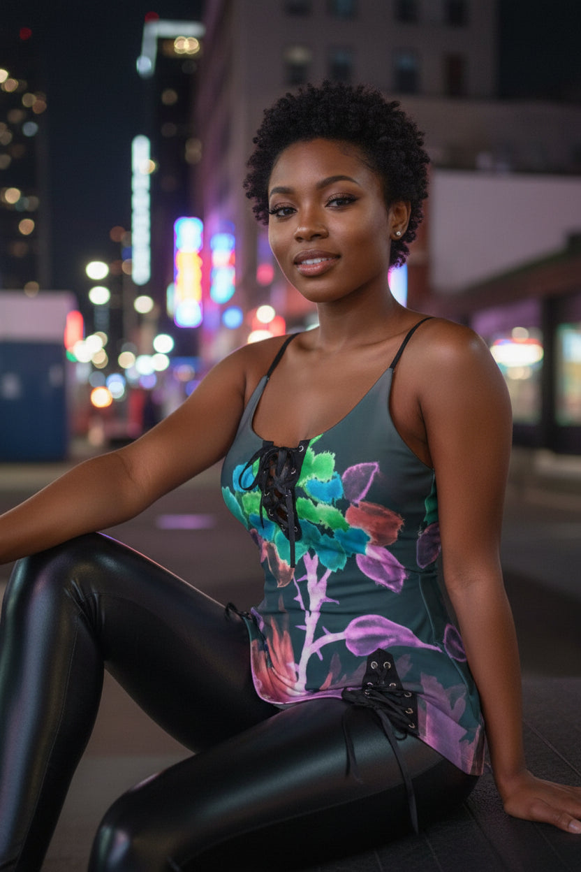 Morning Bloom All-Over Print Women's V-neck Eyelet Lace-up Cami Dress