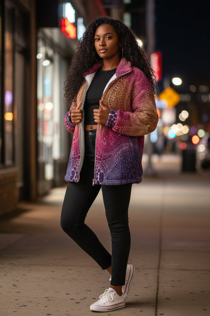 Signs of Life Sunset All-Over Print Unisex Borg Fleece Stand-up Collar Coat With Zipper Closure(Plus Size)