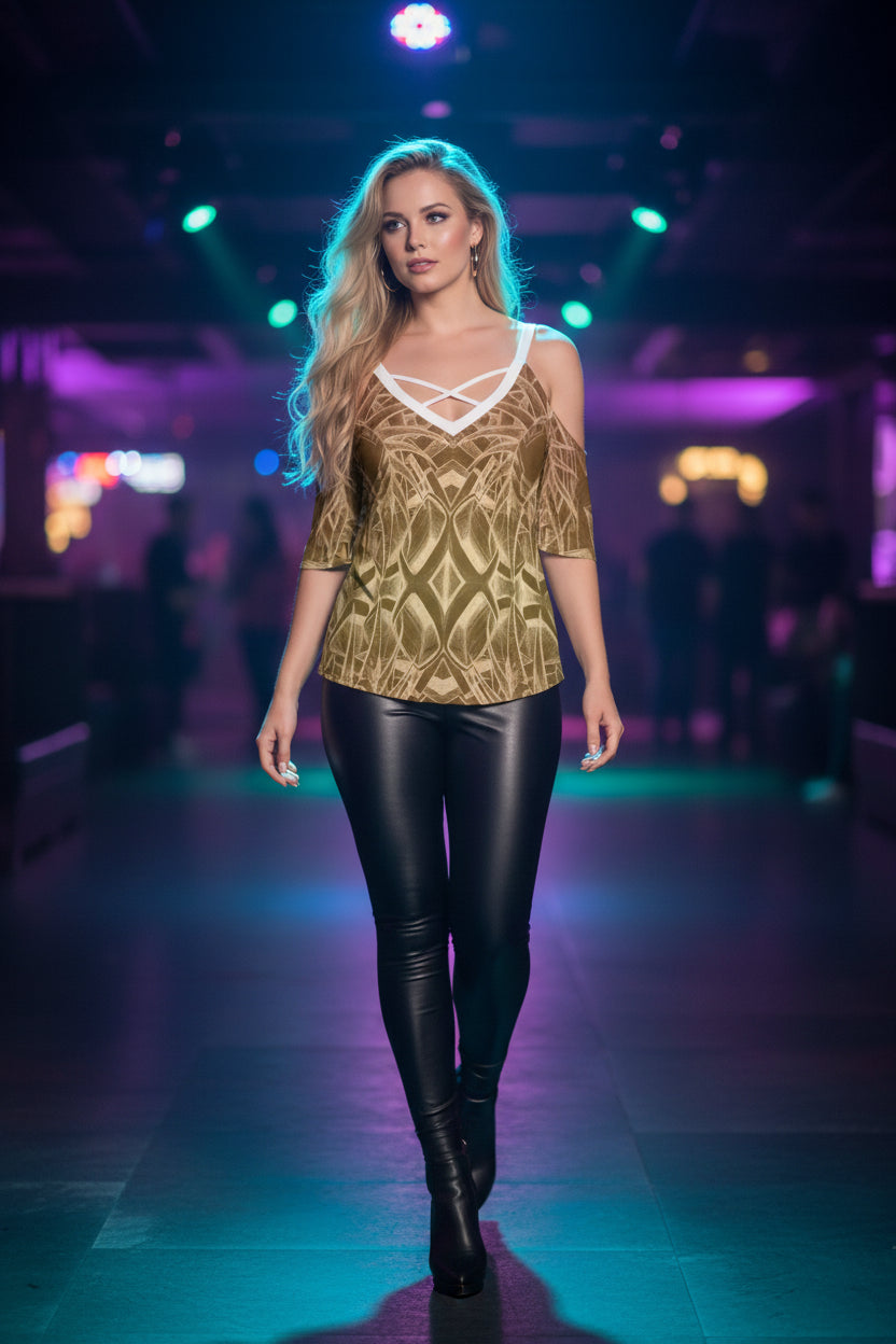 Sketch Sunset All-Over Print Women's Cold Shoulder T-shirt With Criss Cross Strips