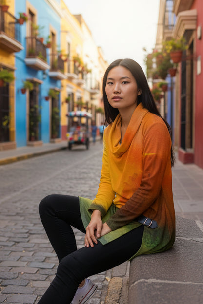 Autumn's Heart All-Over Print Women's Draped Long Sleeve Top