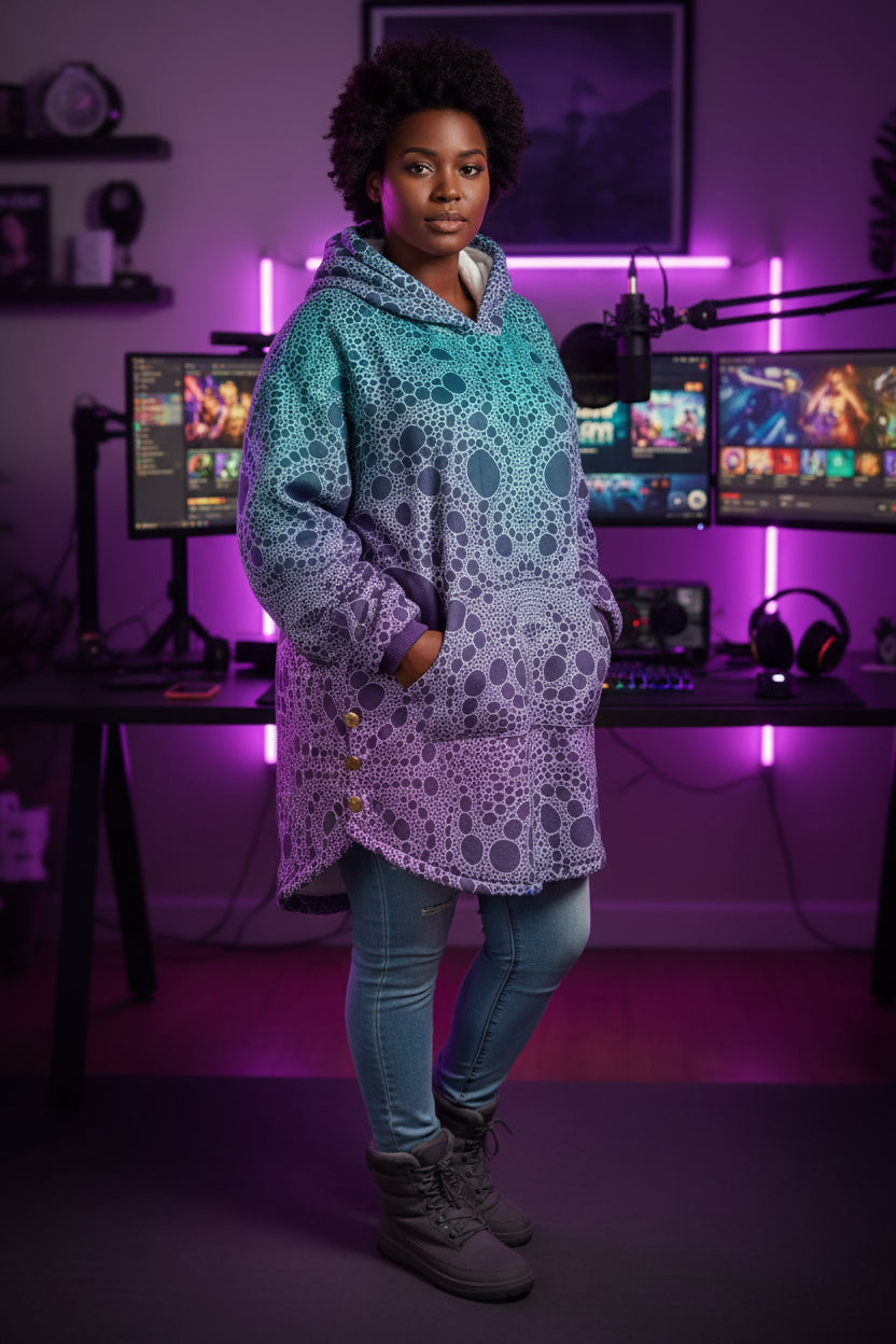 Lost In Circles All-Over Print Women's Flannel Hoodie with Cat Ears