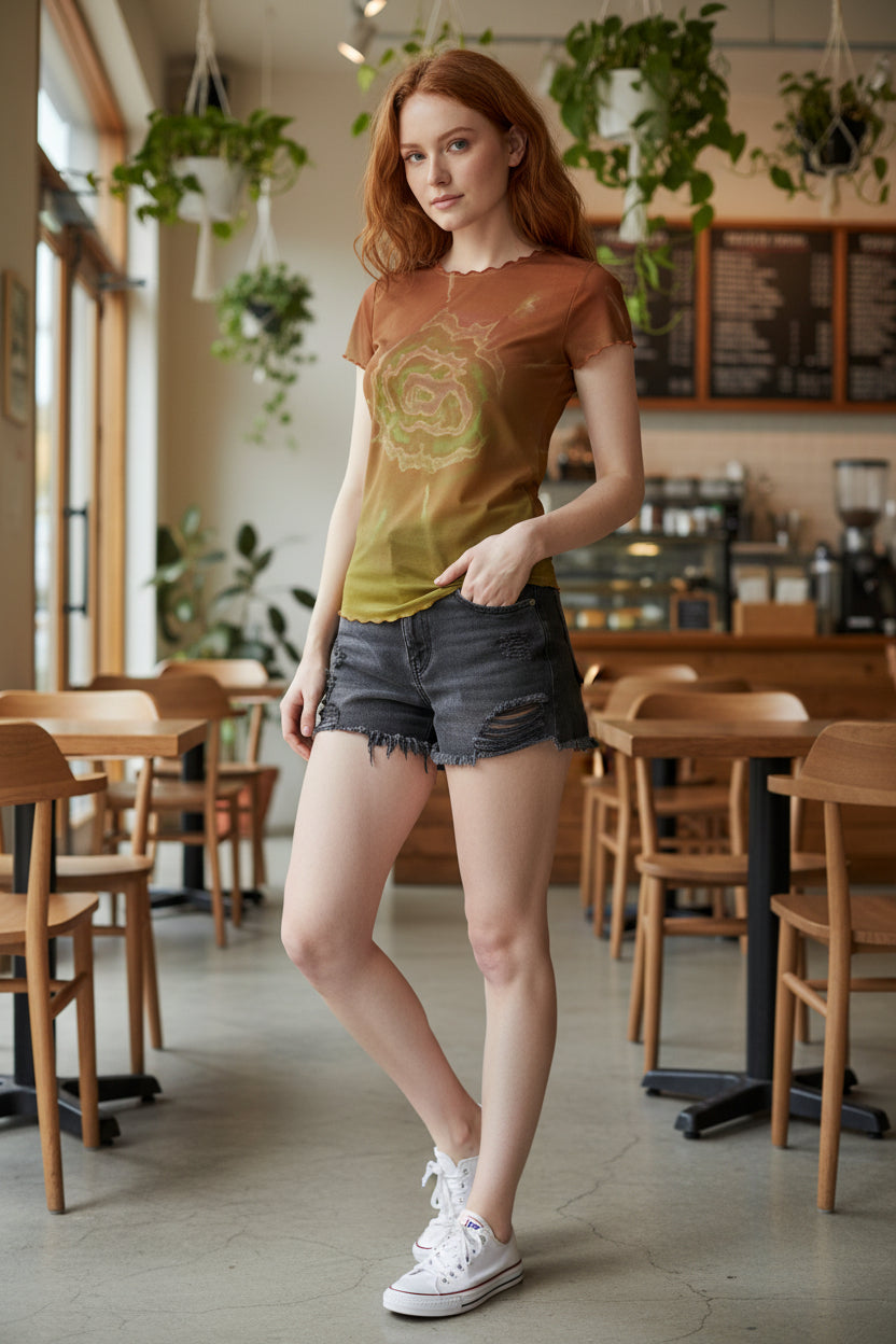 Sun burst All-Over Print Women's Short Sleeve Mesh Blouse