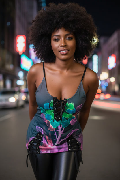 Morning Bloom All-Over Print Women's V-neck Eyelet Lace-up Cami Dress