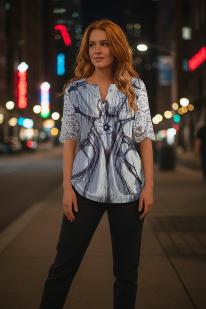 Last Embrace All-Over Print Women's Lace Sleeve Shirt