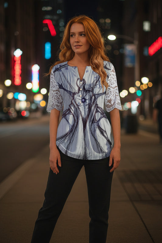 Last Embrace All-Over Print Women's Lace Sleeve Shirt
