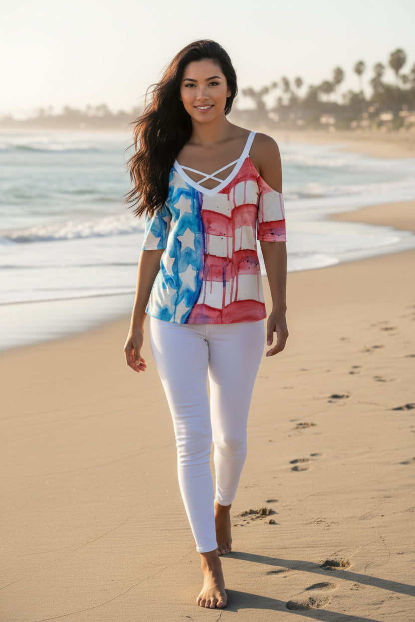 Faded Glory All-Over Print Women's Cold Shoulder T-shirt With Criss Cross Strips